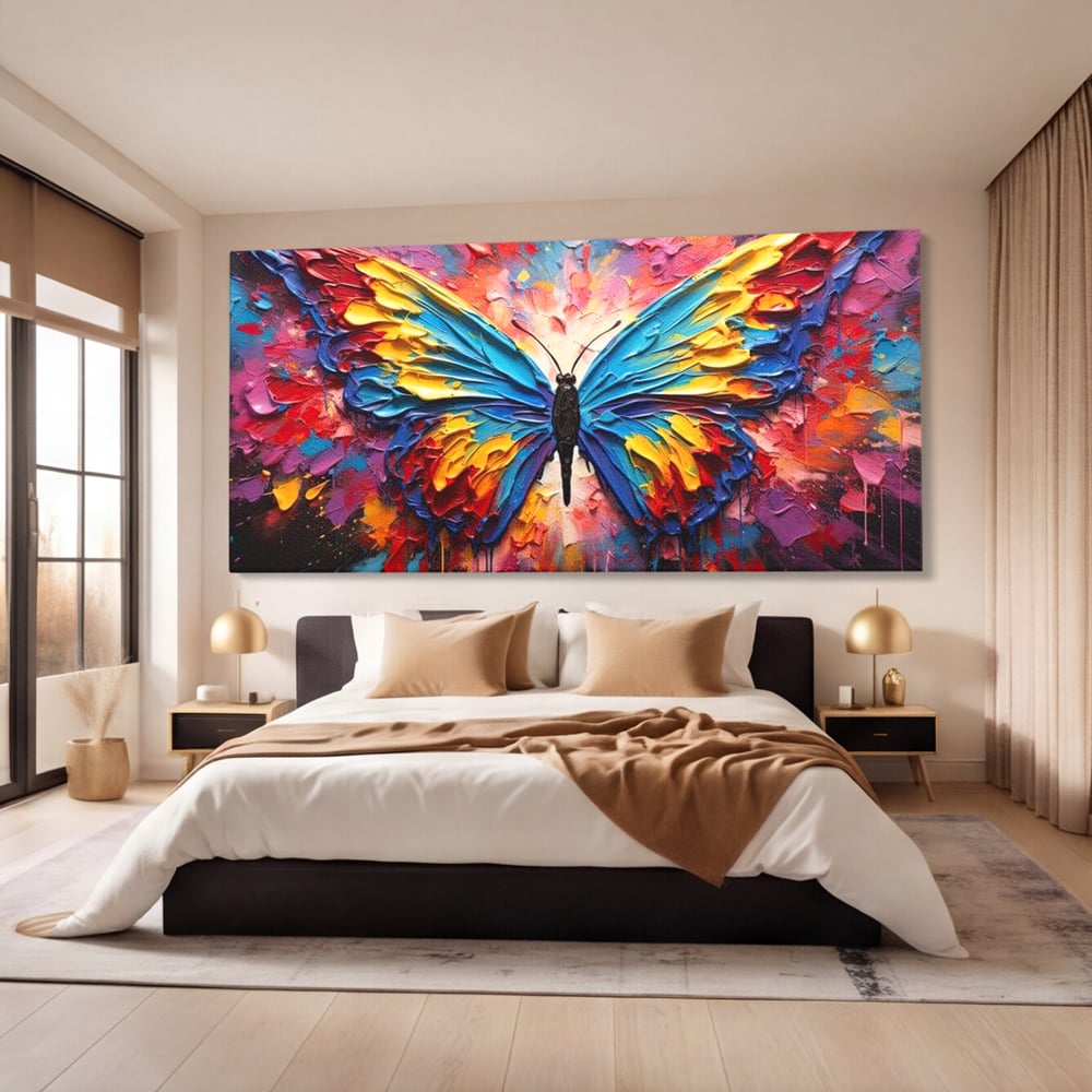 Tablou canvas cu pictura cu fluture colorat, fara rama, pe sasiu de lemn, pe perete intr-un dormitor